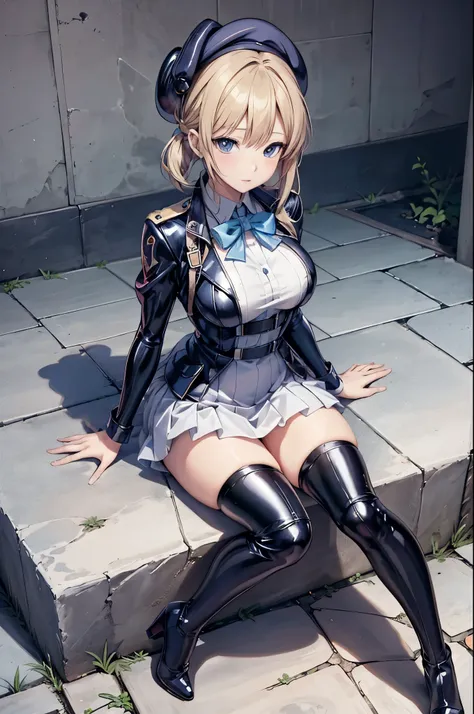 anime-style image of a woman in a short latex uniform sitting on a cobblestone sidewalk, anime drawing by shitao, pixiv contest ...