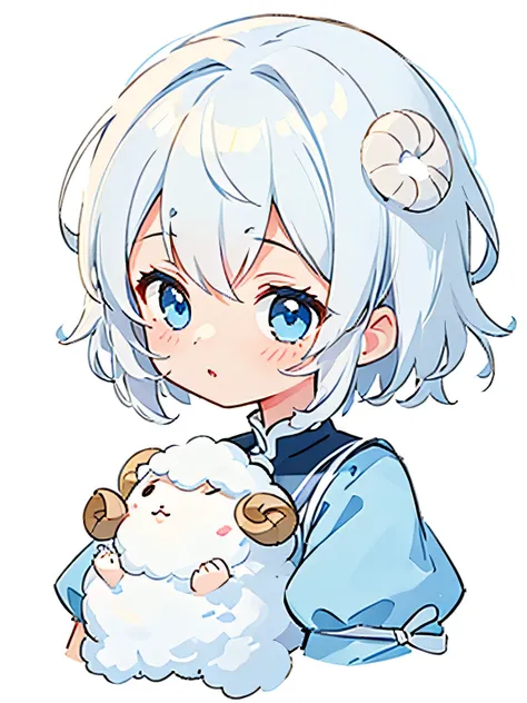 alone, masterpiece, Highest quality, Very detailed, Detailed drawn eyes,One Girl、White background、Short Hair Styles、White Hair、Light blue eyes、Healing、fluffy、Fluffy、A girl with a sheep motif