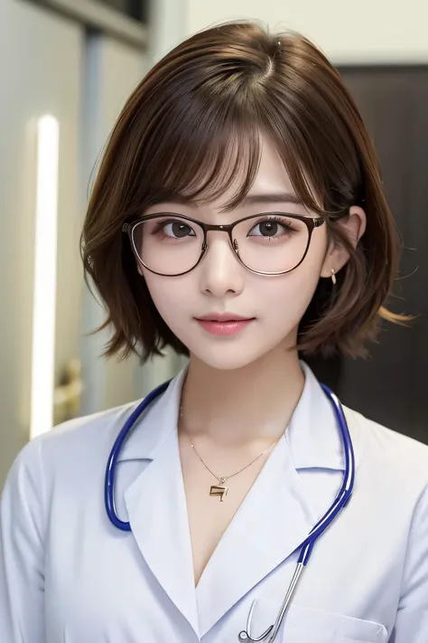 Beautiful young woman、 Korean women、Light brown hair、Necklace around the neck、White、Doctors clothing、Narrow-rimmed glasses、Stethoscope、Wavy Hair、short hair、Intricate details, Very detailed:1.2), 、 Looking into the camera,The background is the inspection ro...