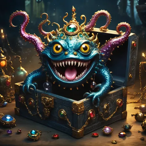 (masterpiece, best quality:1.2), dark，Fear，imitate，Suspension，Strange open lid box monster full of jewels - one eye - sharp teeth - ugly - long tongue，Long tentacles，Scattered jewelry,Greedy should be open, Reveals a big, Weird tongue and nasty teeth. 