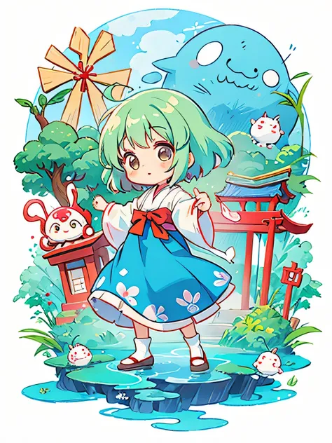 Hayao Miyazaki style、Kawaii Design, The most beautiful girl of all time、chibi, Shrine maiden, Cute and colorful amoeba