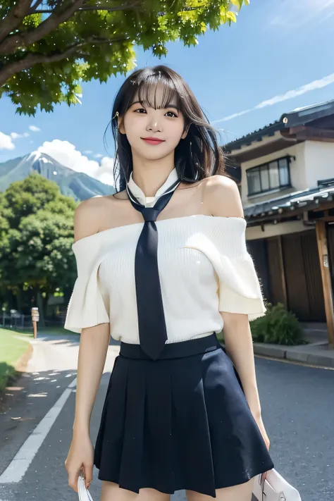 japanese girl, looking upwards, off shoulder, necktie, short skirt, smile, sexy pose, sunny day, sun ray effect, strong wind, bl...