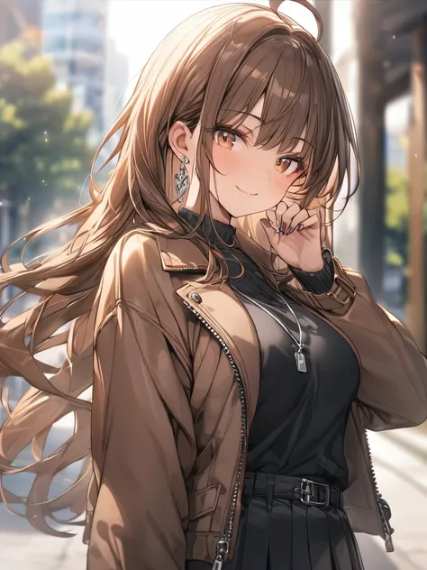 ((masterpiece, best quality)), very aesthetic, absurdres, One girl, Ahoge, bangs, black skirt, black sweater, Blurred, Blurred background, chest, Brown eyes, Brown Hair, brown Jacket, Mouth closed, Day, Depth of written boundary, Earrings, eyelash, Raise y...