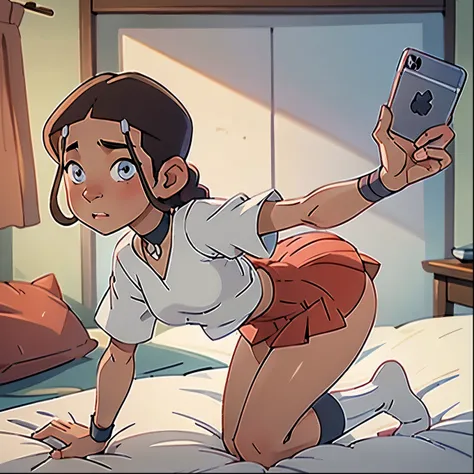 selfie, full body, 18yo katara, mirror bed selfie, nude, katara masterpiece, best quality, girl, nude, katara, loose tennis skir...