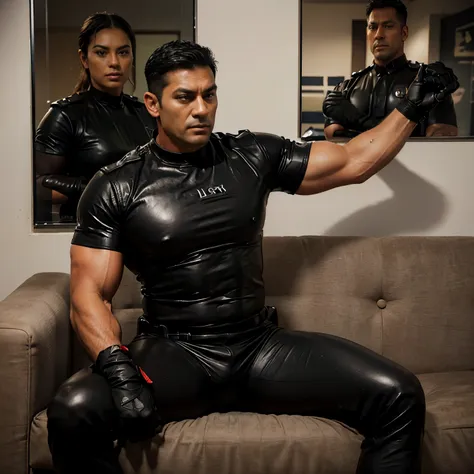 30 years, "police officer", "leather police uniform", tights leather trousers,dark,Dad sit on sofa in the office, K HD,"big muscle" ,black hair, asia face, masculine, strong man, the boss holds the whip, handsome, leather gloves, lecherous dad, look straig...