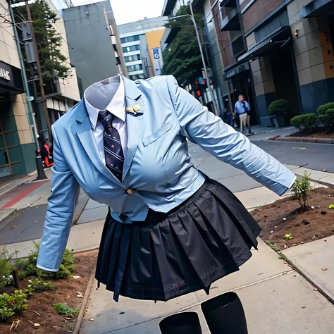 leaning forward, school blazer, plaid skirt, stripe tie, fat, cute big breasts, (invisible, no human, headless, handless:1.5)