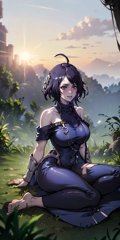 mc, ahoge, (long hari, purple hair:1.3), hair ornament, dark-blue eyes, breasts, epic art, fantasy, 1girl, grass, solo, barefoot...