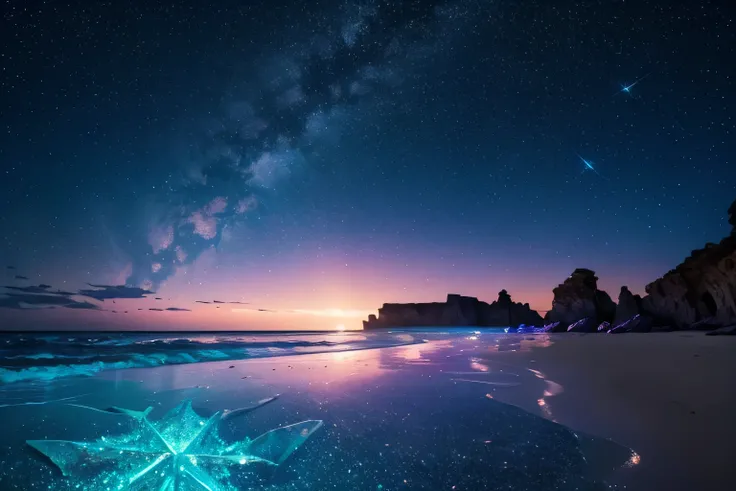 Starry sky on the dreamy beach, A piece of colorful fluorescent crystal pebbles sparkles, The surrounding seven-colored crystal star stones emit sparkling light, Glowing organisms, Colorful, Crystal clear, Sparkling, Very pretty., Smooth and delicate, Opal...