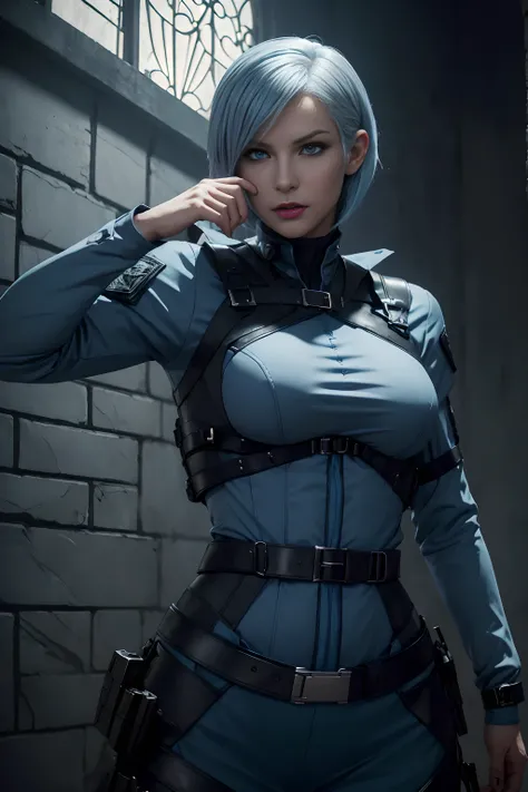 (An Enigmatic 30-Year-Old Female Vampire Hitwoman), (Light Blue Wolfcut Hair:1.4), (Sharp Silver Eyes), (Fair Skin with Hidden Fangs), (Wearing Dark Blue Tactical Outfit:1.4), (Castle of Eternal Night), (Dynamic Pose:1.4), Centered, (Waist-up Shot:1.4), Fr...