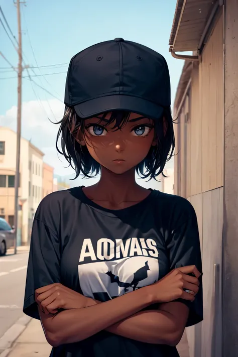 1 girl, alone, dark skin, Dark-skinned women, Upper Body, Baseball cap, t-shirt, Tomboy