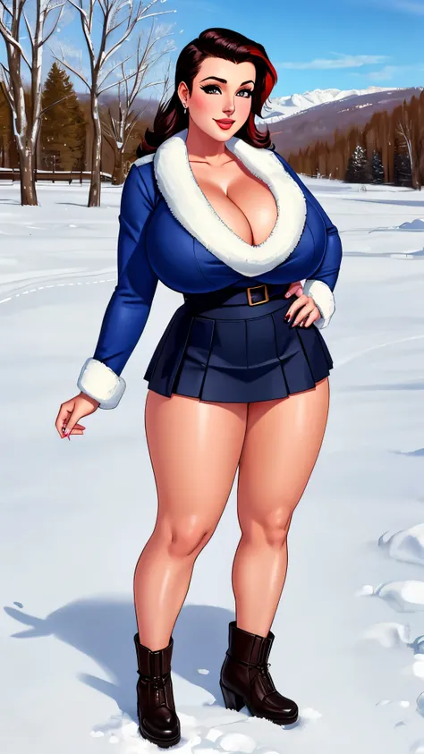 butch girl, pinup, centerfold, winter clothes, short skirt, cleavage