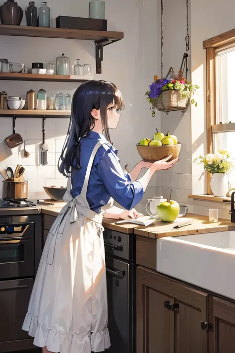  A girl is seen from behind, standing in a modern and cozy kitchen. She is wearing a blue shirt and a plaid apron tied at the back. The kitchen is bright and airy, with white walls and wooden countertops. There are various plants and kitchen items neatly a...