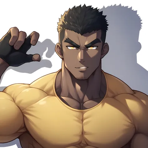 anime characters:Gyee, Muscle Sports Student, negro black skin, 1 muscular tough guy, Manliness, male focus, Light Yellow long sleeve tights, Very tight, The pectoral muscles are oversized, Slightly transparent, muscular male, muscular, only, Upper body, a...
