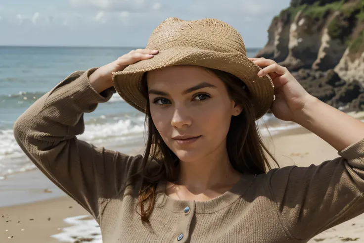 cheveux châtain ondulé, fille de 30 ans, yeux marron, Mince, réaliste, Timide, debout dos a la mer sur la plage avec un chapeau