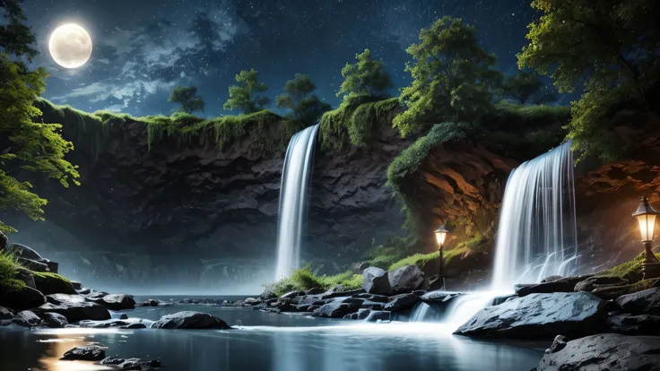 Waterfall on a full moon night, Background Artwork, Background Art, Beau background&#39;Cases, Beautiful Moonlightり night, Bell Art UHD 4K, background&#39;Cases nature animé, Beautiful tranquil waterfall, background&#39;Cases de haute qualité, backgrounde ...