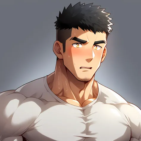 anime characters:Gyee, Muscle Sports Student, 1 muscular tough guy, Manliness, male focus, Light yellow high collar long sleeve tight T-shirt, Very tight, The clothes were soaked with sweat, The pectoral muscles are oversized, Slightly transparent, muscula...