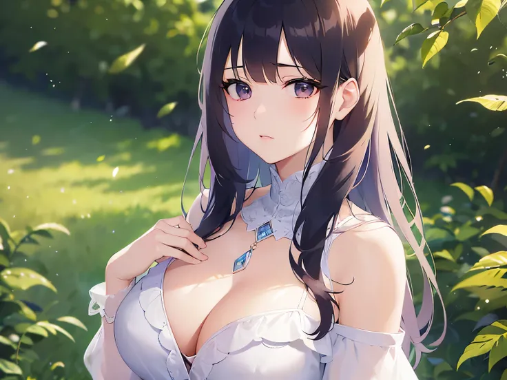 Placing hand on chest,Detailed CG, Ultra-fine illustrations,masterpiece,highest quality, AW Photos,Realistic,BREAK(white off shoulder long blouse:1.5)BREAK,(pale skin:1.2),Shiny skin Shiny Hair,(A 26-year-old woman with straight hair and bangs)and(Medium H...