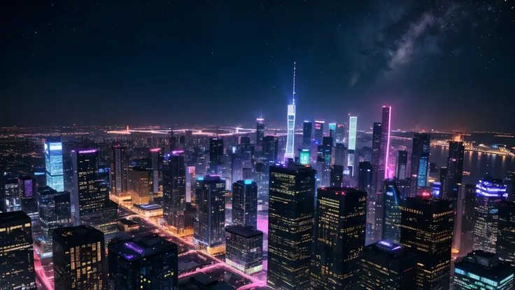 Fictional cities, Near future , cyber-, night, View from the roof of the building, night景, Bright colors,cyber-パンクのまばゆいばかりの街並み, Skyscrapers with bright and vivid colors, Neon Signs,The pink color stands out