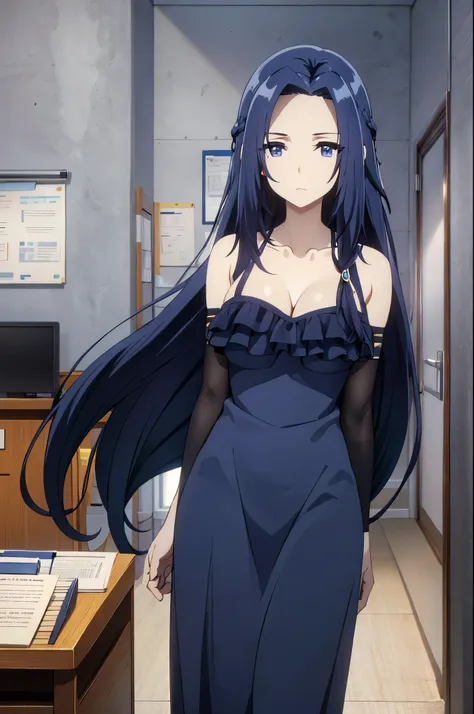 blue hair,,long hair,blue eyes,dark dress,in the office,
