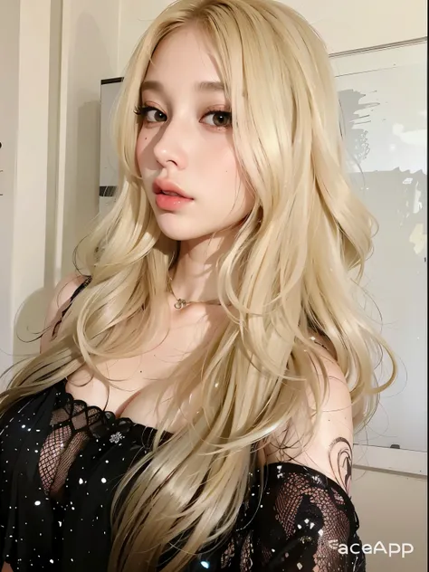 Blonde woman with long hair and black dress posing for photo, with long blonde hair, long blonde hair and big eyes, with long white hair, long blonde hair and big eyes, with long white hair, Long luxurious bright blonde hair, Best Face, girl with blonde ha...