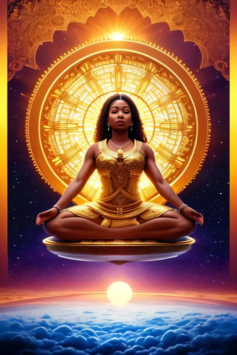 A striking tableau unfolds in the heart of the sky, where a resplendent Libra scale floats serenely among the cotton-like clouds. On the left side of the balance, a beautiful black woman adopts a tranquil meditation pose, her ethereal aura mirroring the ge...