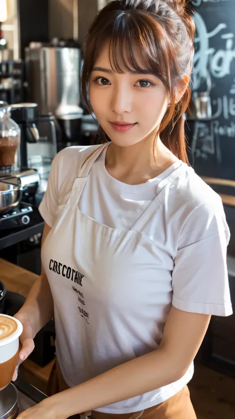 extreme close-up of beautiful korean female, 34 inch breasts size, wearing t-shirt, apron,  making coffee, at coffee truck, UHD