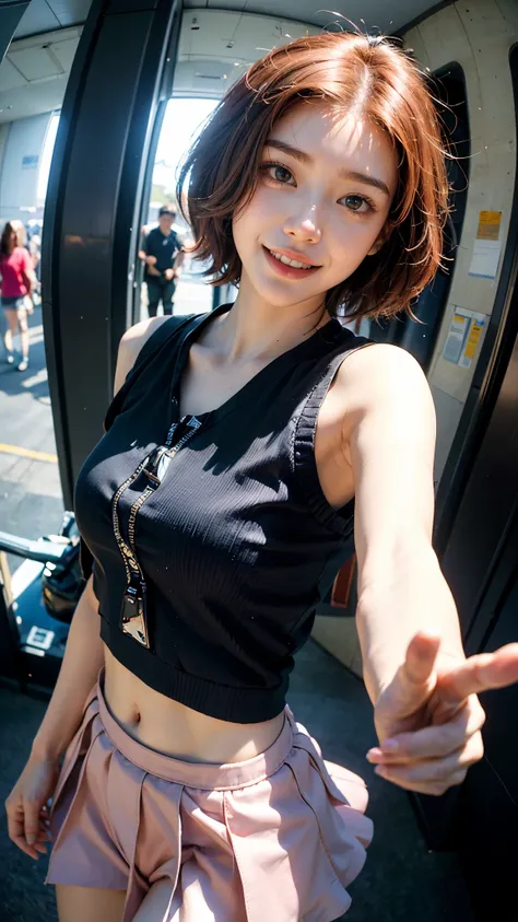 Highest quality, masterpiece, Ultra-high resolution,8K, (Realistic:1.6), (Face-to-face selfie portrait) RAW Photos, 1 Girl,(Full of smiles, Showing teeth)), 22 years old,((Korean Idol Karina Fashion)),((Miniskirt uniform and undershorts)),((Straight pink s...