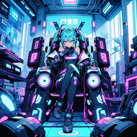 Cyberpunk style cluttered room. more neon. Many machines with unknown uses. Large windows with an open feel. Its sunny outside.　Hatsune Miku sitting on a chair..
