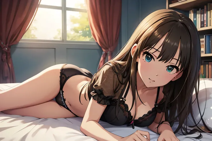 muste piece、Highest quality、High resolution、((Shibuya Rin))、Realistic eyes、Smooth texture:0.75、slender、Sexy Bra、Sexy Panties、Pause、bed