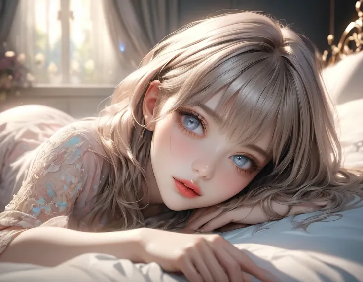 devilishly cute charming girl, through bangs, beautiful detailed eyes, beautiful detailed lips, extremely detailed face, leaning back down bed, devilish gesture, charming eyes, longeyelashes, 1girl, digital art, pastel colors, soft lighting, cinematic, rom...