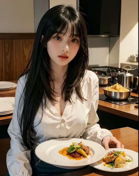 A woman is sitting at a table holding a plate of food, Larisa Manoval, With bangs, anime thai girl, Dilabba Dilmurat, Luan cute vtuber, gray hair, she has black hair With bangs, Best Face, neat hair With bangs, long hair With bangs, Dang my soul, full of b...