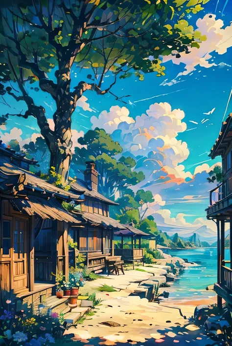 painting of a book store on the beach with a tree and a bird flying overhead, a storybook illustration by ni yuanlu, pixiv conte...