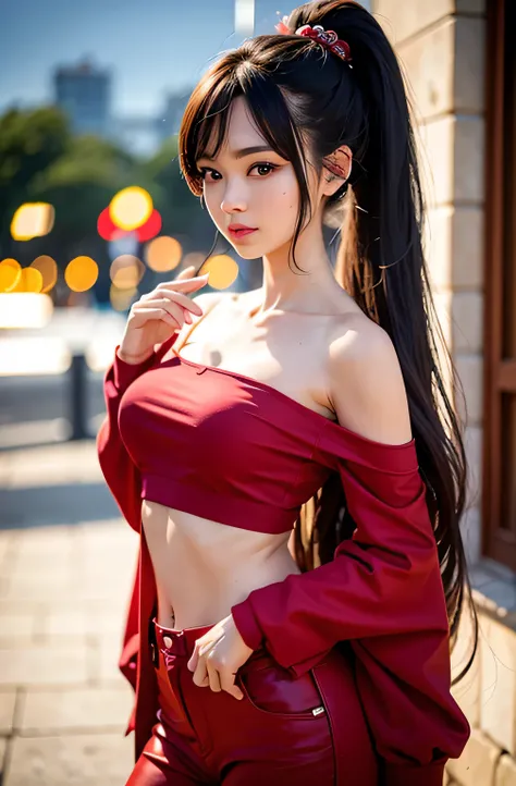 best qualtiy，sface focus，Look at the audience head-on，the soft light，（depth of fields），Ultra-high resolution，Picture above the knee（Photorealsitic：1.4），RAW photos，Bigchest，Red clothes，Open navel，Bare shoulders，By bangs，Long ponytail hairstyle，（sportrait：1....