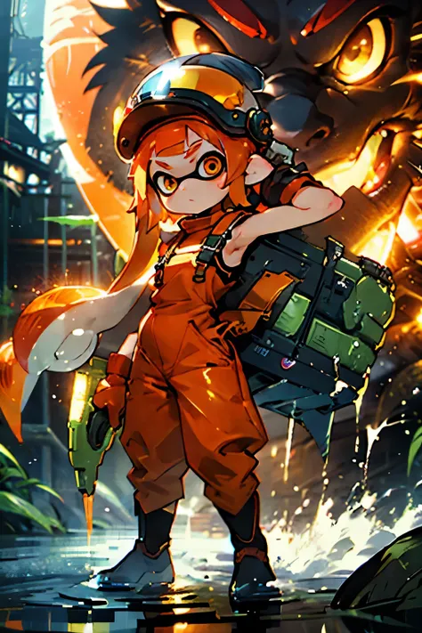 masterpiece、highest quality、high resolution、ultra-detailed cinematic visual art、real anime、3d、(splatoon girl wearing orange cons...