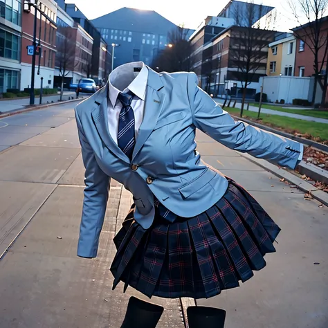 leaning forward, school blazer, plaid skirt, stripe tie, fat, cute big breasts, (invisible, no human, headless, handless:1.5)