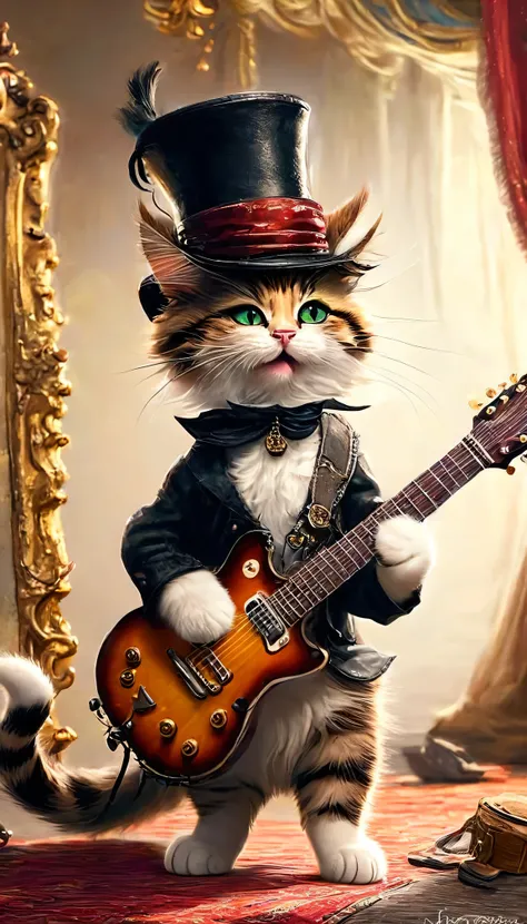 a close up of a Cat with a guitar and a hat, Cat is a rock star, Lockout, awesome Cat, Cat wearing a top hat, !!!! Cat!!!!, Fur Artist, Rock &#39;n&#39; roll, Rock &#39;n&#39; Emperor Roll, Rock Music, !!! Cat!!!, anthropomorphic Cat, guitar Solo, by Ren B...