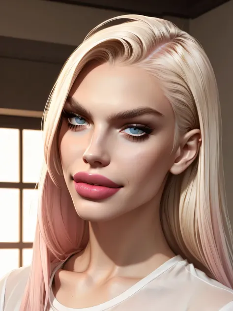 boy avatar, andrej pejic, long blonde hair, gray eyes, sharp features, bimbo lips, pink lipstick, sexy look,, soft male body, white shirt, smile