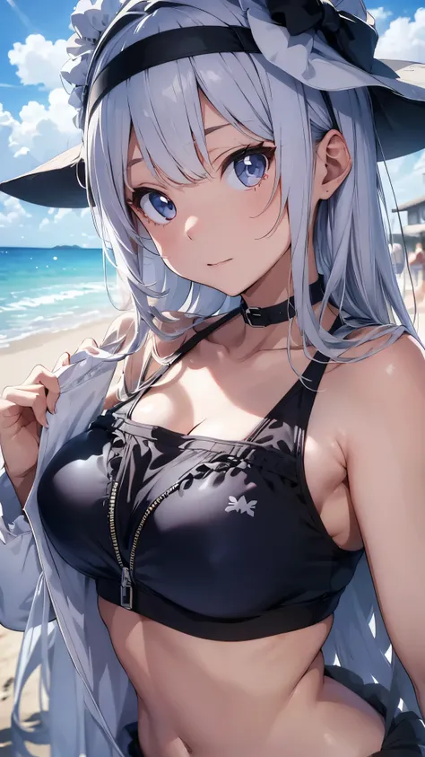 Silver-haired girl drawn in high resolution Japanese anime style、whole body、Women in blue bikinis taking photos on a deserted beach, model bikini, , Young and cute gravure idol, Posing together in bras, Russian and Japanese mix, sakimichan, Asian woman, We...