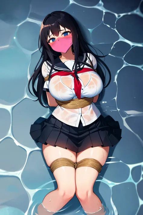 1 girl, detailed blue eyes, lange wimpern, detailed beautiful face, 4k quality, (Long black hair:1.4), (arms behind back:1.6), gefesselte Arme, Red rope, (blushing:1.3), (Big boobs:1.2), (weißes Hemd mit schwarzer krawatte, black skirt, school girl, 18 jea...