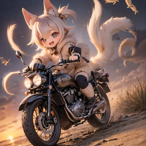 (Highest quality,High resolution:1.2),Shiba Inu Girl,Adorable chibi style,Vibrant colors,Fantasy Landscape,Riding on motorcycle,Magical Environment,Twinkle Star,The wind that makes your hair flutter,Expressions of joy,Amazing adventure,A playful atmosphere...