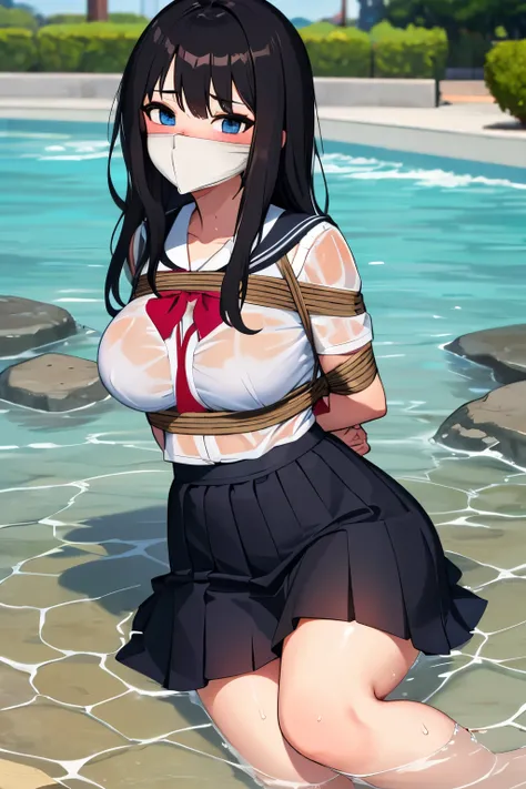 1 girl, detailed blue eyes, lange wimpern, detailed beautiful face, 4k quality, (Long black hair:1.4), (arms behind back:1.6), gefesselte Arme, Red rope, (blushing:1.3), (Big boobs:1.2), (weißes Hemd mit schwarzer krawatte, black skirt, school girl, 18 jea...