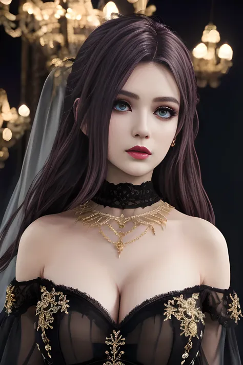 1girl,long sleeves, black dress, off shoulder, bare shoulders, long dress, see-through, tulle dress,,beautiful detailed eyes, beautiful detailed lips, extremely detailed eyes and face, long eyelashes, best quality, 4k, 8k, highres, masterpiece, ultra-detai...