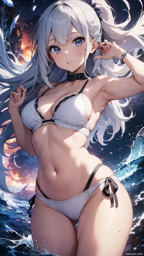 Silver-haired girl drawn in high resolution Japanese anime style、whole body、Women in white bikinis taking photos on a deserted beach, model bikini, , Young and cute gravure idol, Posing together in bras, Russian and Japanese mix, sakimichan, Asian woman, W...