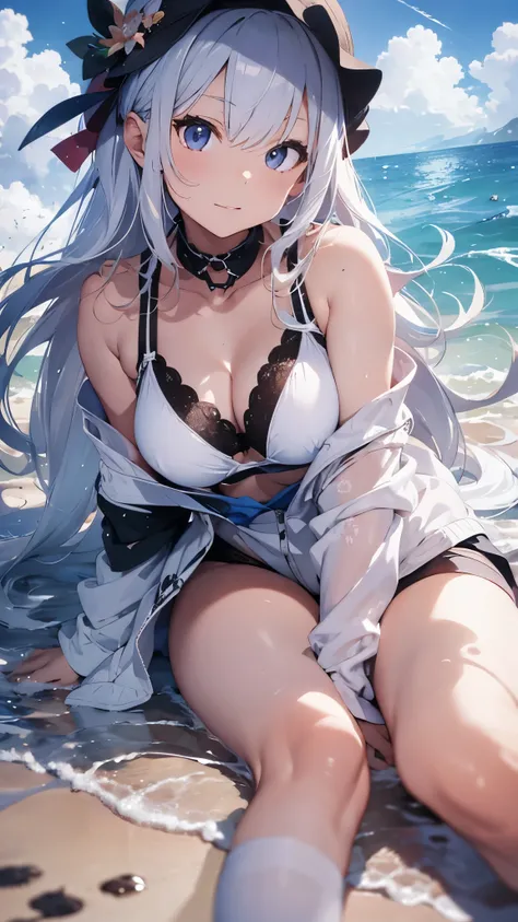 Silver-haired girl drawn in high resolution Japanese anime style、whole body、Women in white bikinis taking photos on a deserted beach, model bikini, , Young and cute gravure idol, Posing together in bras, Russian and Japanese mix, sakimichan, Asian woman, W...