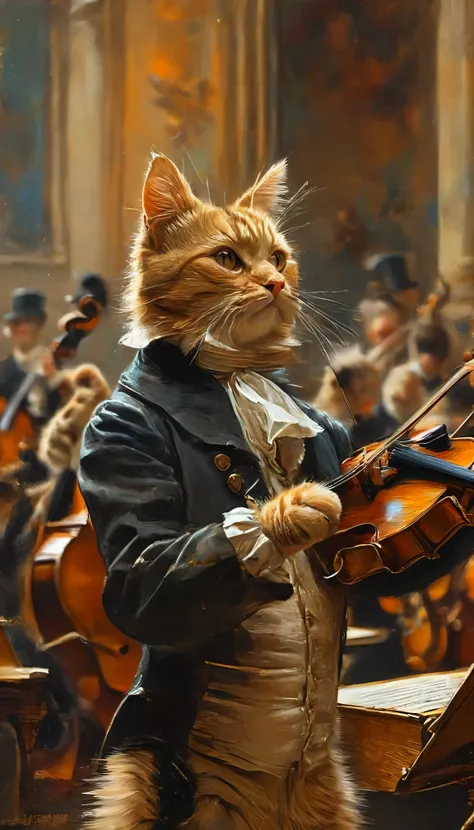 A cat standing in front of an orchestra as the conductor, Cat masterpiece, In the picture of the cat, inspired By Carel Fabritius, By Alexander Kucharski, Magnificent paintings of the artist, Heather Soler, By Carel Fabritius, Jean-Léon Gérôme, Jean - Léon...