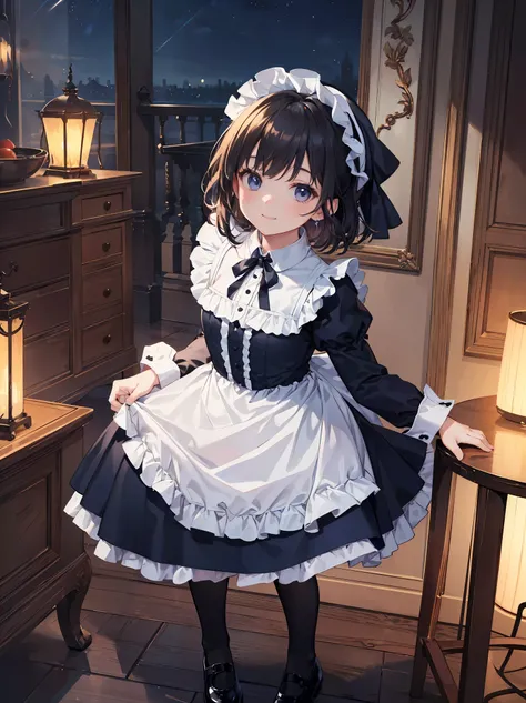 (Highest quality、16K、masterpiece、Ultra-high resolution、Victorian era、Photorealistic:1.2)、A  smiling under the stars, a toddler wearing a maid hat with ruby accessories, she is wearing a white and black gothic maid dress with navy blue ribbon. Black stockin...