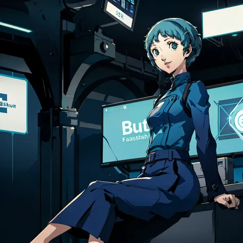 ((p3 yamagishi fuuka)),masterpiece, ((best quality)),((1 girl)), blue eyes, light aqua hair, female , tomboy pixie haircut, deep...