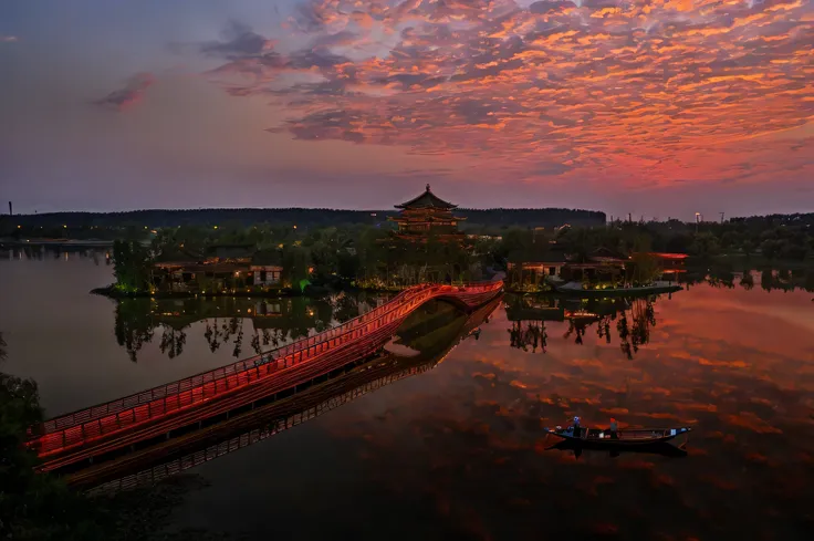 alafid bridge over the lake，there is a boat in the water, sha xi, guangjian, hangzhou, night, beautiful rendering of the tang dy...