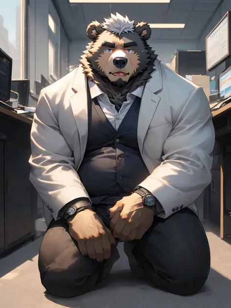 (Super detailed), Sharp focus,hairy, Gray fur, White beard, White hair,human nature (Arctic Bear:1.3), male, Old face, Gray body, White belly, muscular ,(Crotch bulge),(Big Bag),Super detailed face,(dishevelled:1.4),(best quality), (masterpiece), High Deta...