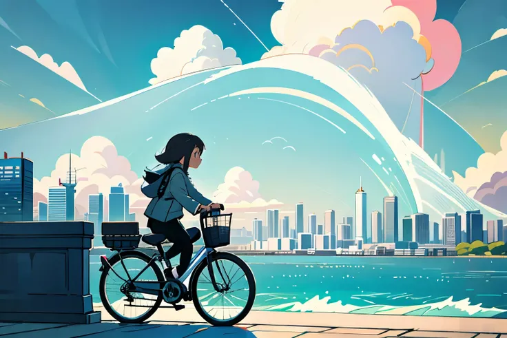 Girl on a bicycle、Seaside、refreshing、cumulonimbus、City of white buildings